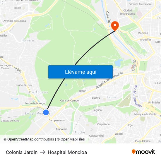 Colonia Jardín to Hospital Moncloa map