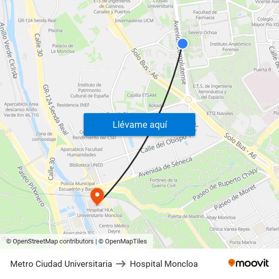 Metro Ciudad Universitaria to Hospital Moncloa map