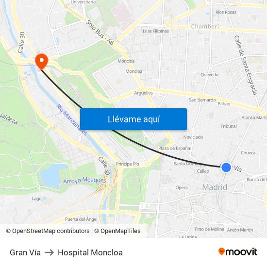 Gran Vía to Hospital Moncloa map
