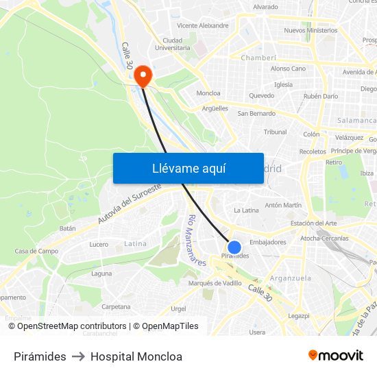 Pirámides to Hospital Moncloa map