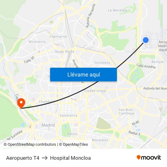 Aeropuerto T4 to Hospital Moncloa map