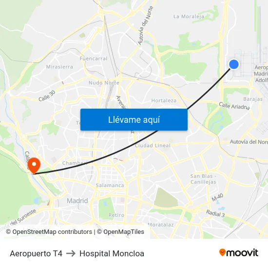 Aeropuerto T4 to Hospital Moncloa map