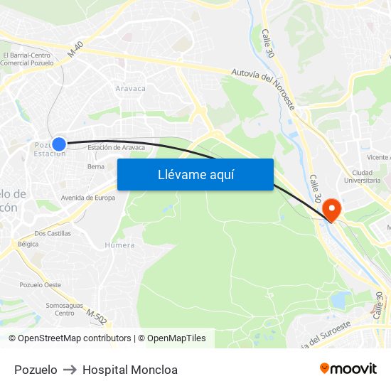 Pozuelo to Hospital Moncloa map