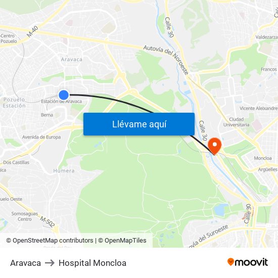 Aravaca to Hospital Moncloa map