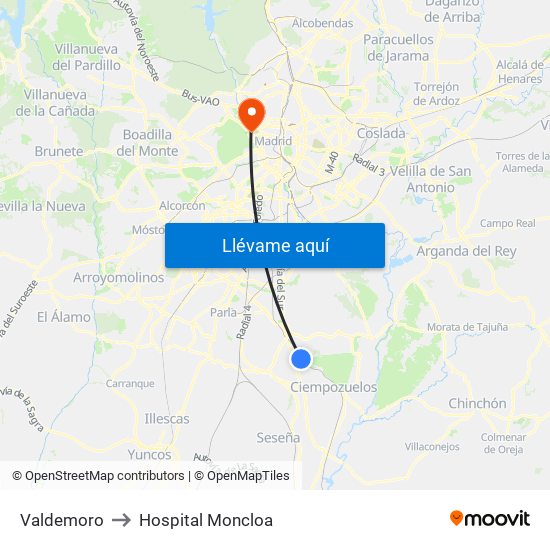 Valdemoro to Hospital Moncloa map