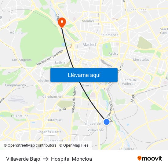Villaverde Bajo to Hospital Moncloa map