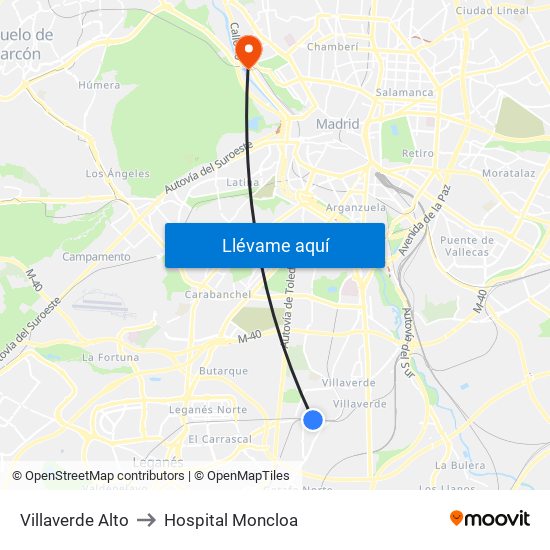 Villaverde Alto to Hospital Moncloa map