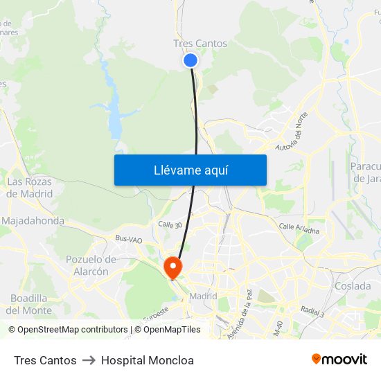 Tres Cantos to Hospital Moncloa map