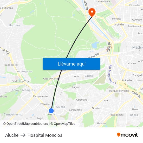 Aluche to Hospital Moncloa map