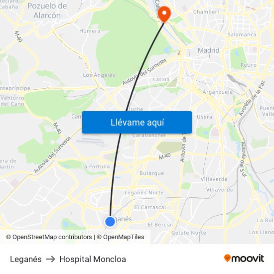 Leganés to Hospital Moncloa map