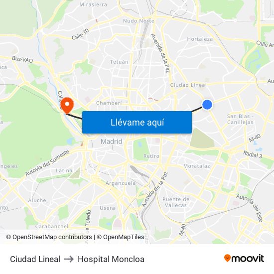 Ciudad Lineal to Hospital Moncloa map