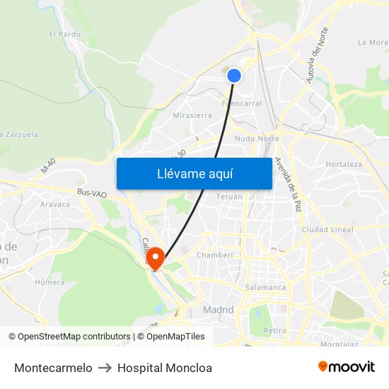Montecarmelo to Hospital Moncloa map