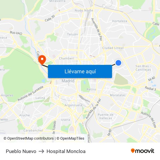 Pueblo Nuevo to Hospital Moncloa map