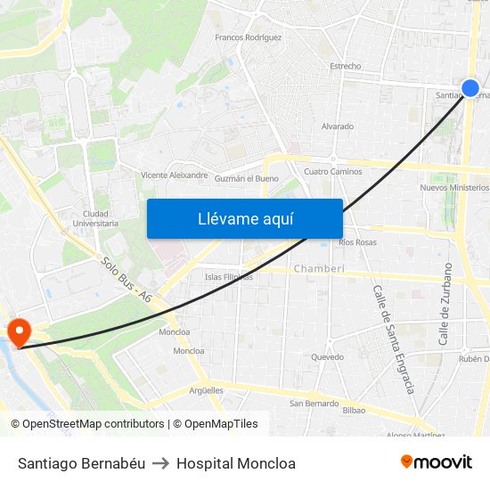 Santiago Bernabéu to Hospital Moncloa map