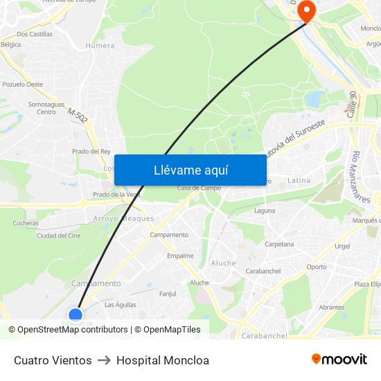 Cuatro Vientos to Hospital Moncloa map