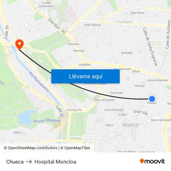 Chueca to Hospital Moncloa map