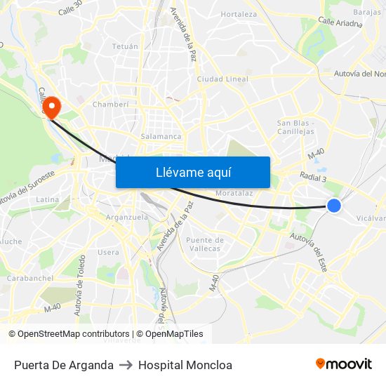 Puerta De Arganda to Hospital Moncloa map