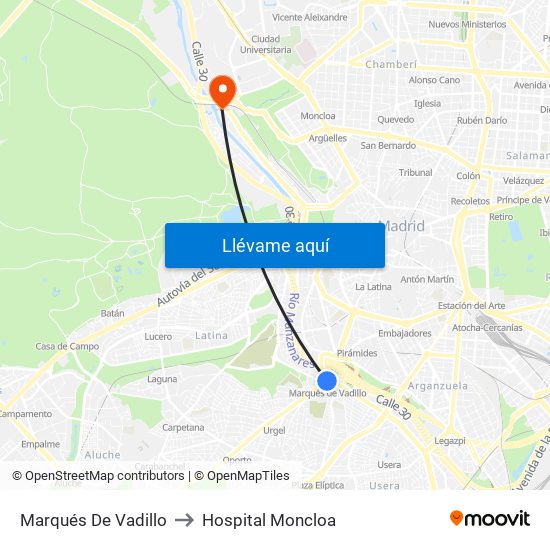 Marqués De Vadillo to Hospital Moncloa map