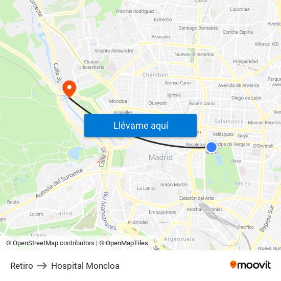 Retiro to Hospital Moncloa map
