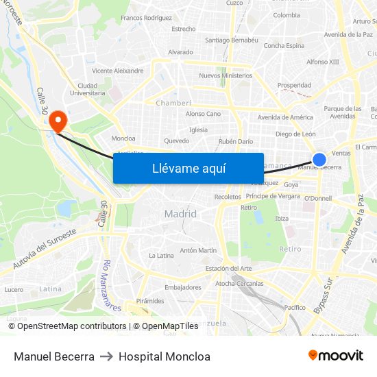 Manuel Becerra to Hospital Moncloa map