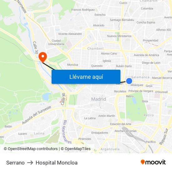 Serrano to Hospital Moncloa map