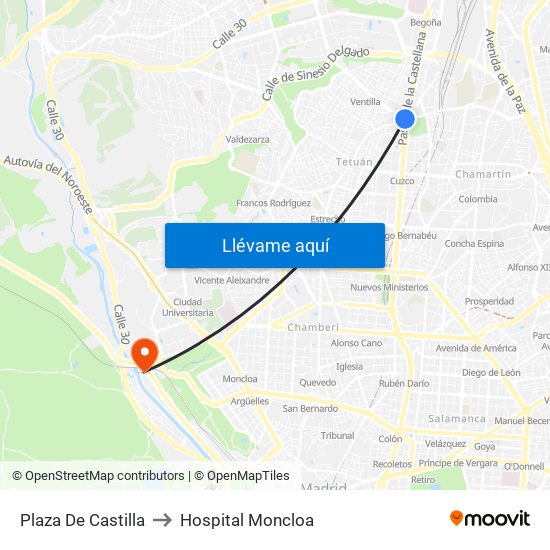 Plaza De Castilla to Hospital Moncloa map