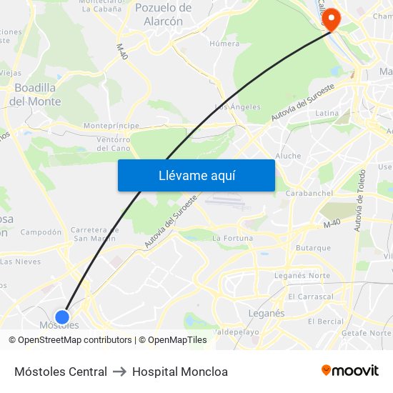 Móstoles Central to Hospital Moncloa map