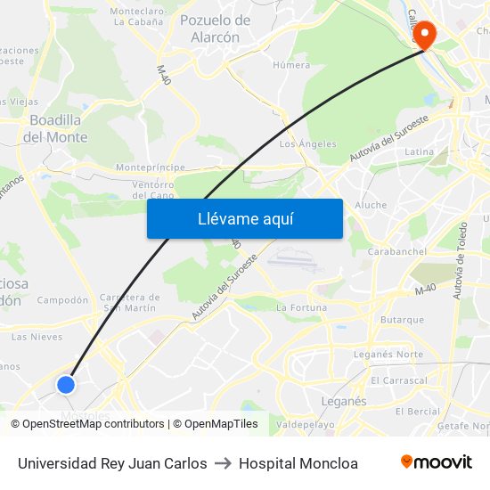 Universidad Rey Juan Carlos to Hospital Moncloa map