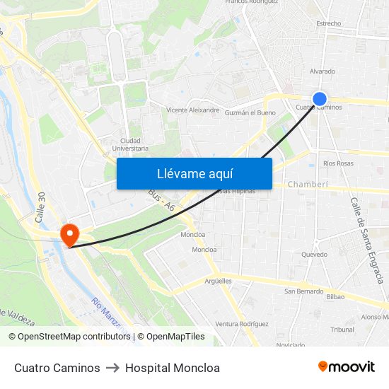 Cuatro Caminos to Hospital Moncloa map