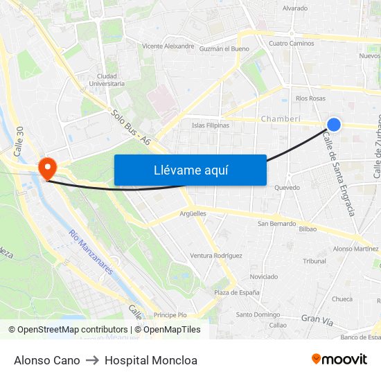 Alonso Cano to Hospital Moncloa map