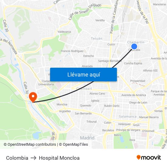 Colombia to Hospital Moncloa map