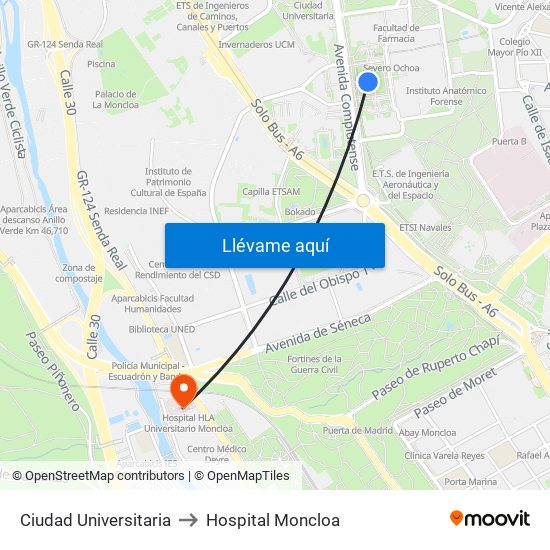 Ciudad Universitaria to Hospital Moncloa map