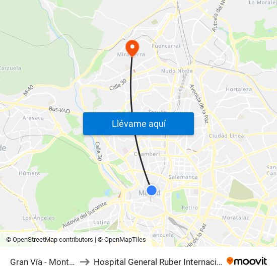Gran Vía - Montera to Hospital General Ruber Internacional map