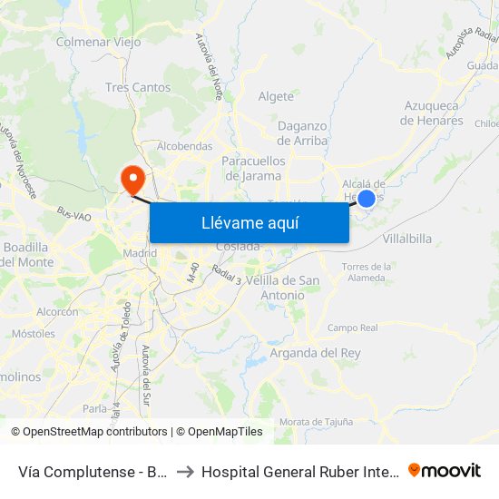 Vía Complutense - Brihuega to Hospital General Ruber Internacional map