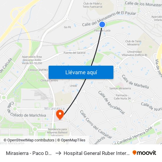 Mirasierra - Paco De Lucía to Hospital General Ruber Internacional map