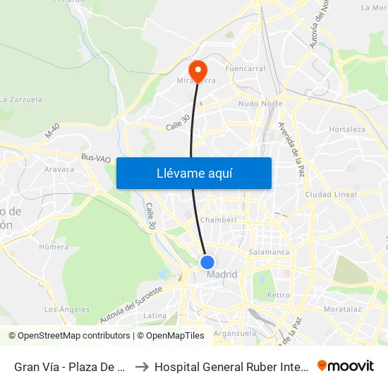 Gran Vía - Plaza De España to Hospital General Ruber Internacional map