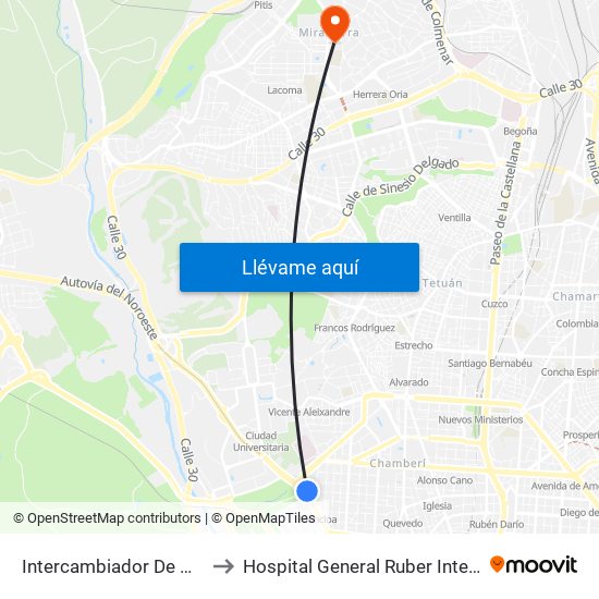 Intercambiador De Moncloa to Hospital General Ruber Internacional map