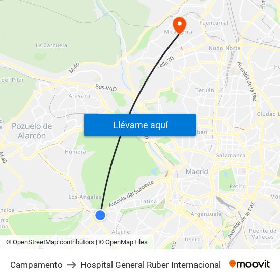Campamento to Hospital General Ruber Internacional map