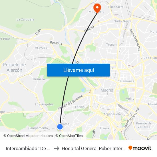 Intercambiador De Aluche to Hospital General Ruber Internacional map