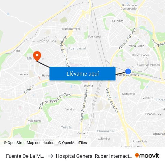 Fuente De La Mora to Hospital General Ruber Internacional map