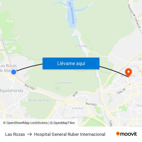 Las Rozas to Hospital General Ruber Internacional map