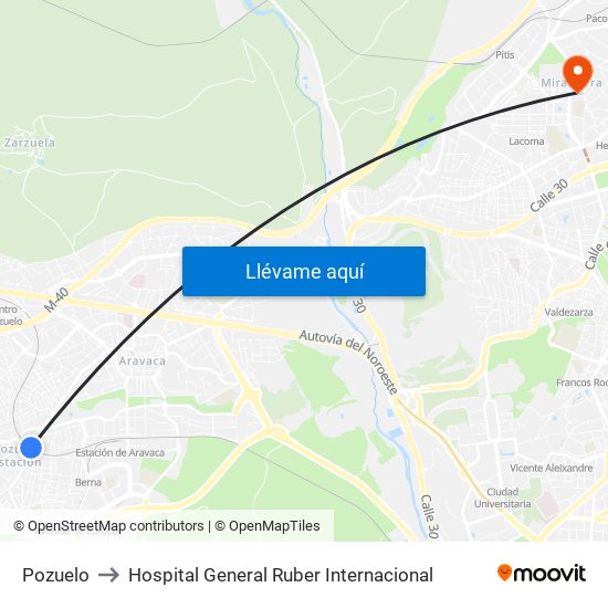 Pozuelo to Hospital General Ruber Internacional map