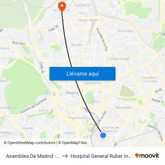 Asamblea De Madrid - Entrevías to Hospital General Ruber Internacional map
