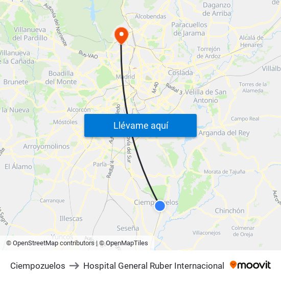 Ciempozuelos to Hospital General Ruber Internacional map