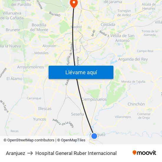 Aranjuez to Hospital General Ruber Internacional map