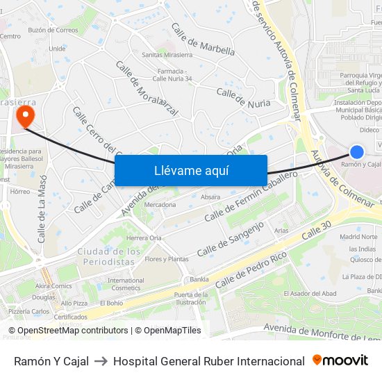 Ramón Y Cajal to Hospital General Ruber Internacional map