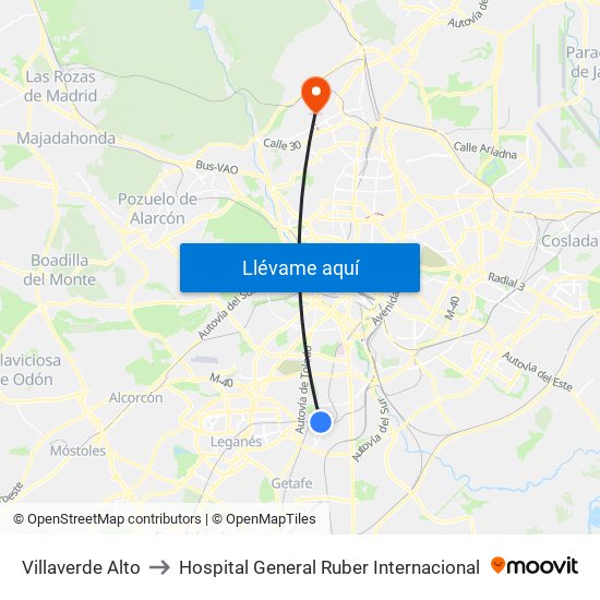 Villaverde Alto to Hospital General Ruber Internacional map