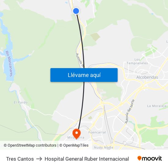 Tres Cantos to Hospital General Ruber Internacional map