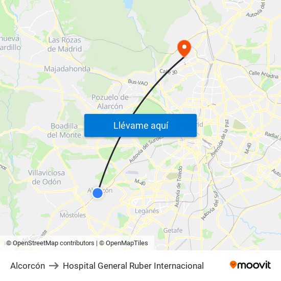 Alcorcón to Hospital General Ruber Internacional map