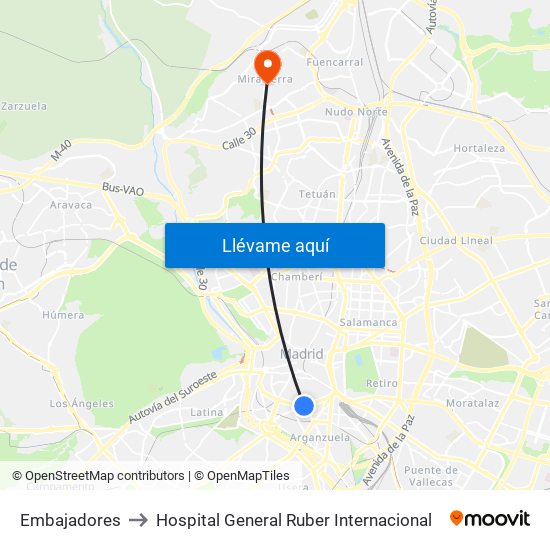 Embajadores to Hospital General Ruber Internacional map